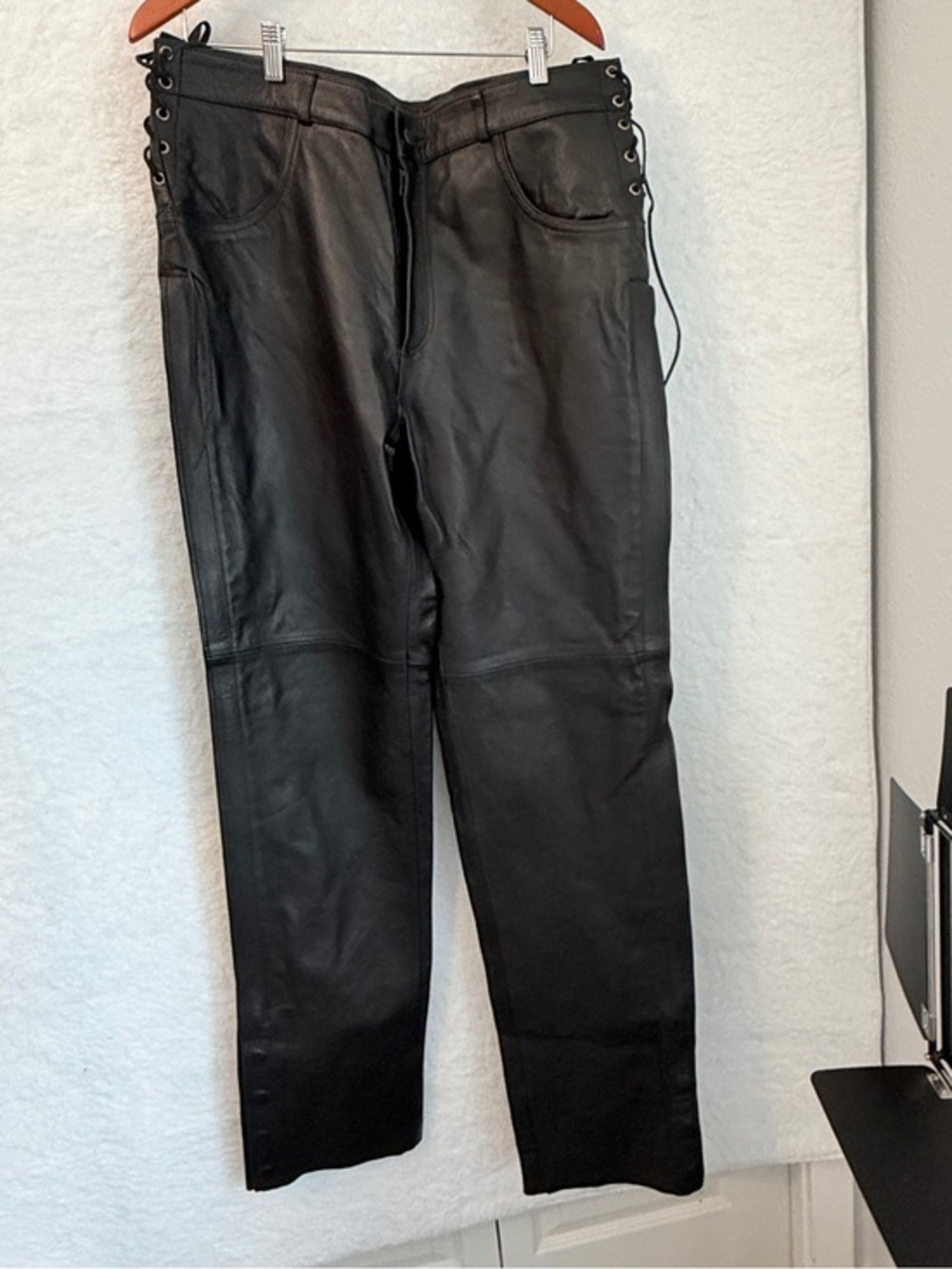 First Classics Men’s Size 38 Black Leather Lace-Up Motorcycle Biker Pants 38x38
